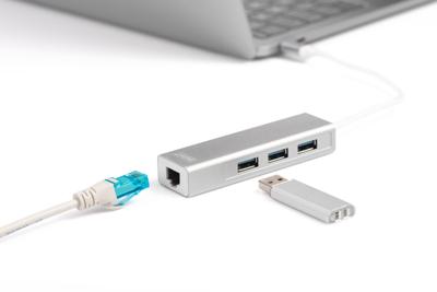 Digitus DA-70255 USB-combi-hub 3 + 1 poorten Met ingebouwde netwerkaansluiting Zilver
