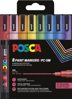 Uni POSCA paintmarker PC-3ML, 1,5 mm, glitter, etui van 8 stuks in geassorteerde kleuren Uni POSCA paintmarker PC-3ML, 1,5 mm, glitter, etui van 8 stuks in geassorteerde kleuren