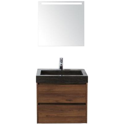 Dante Badmeubelset 60 cm - Walnoot - Wastafel Hardsteen Wit Lucca met Sence Spiegel