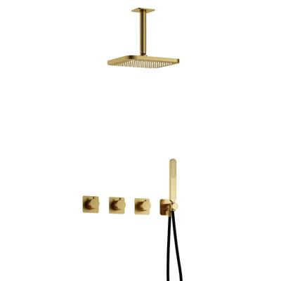 Hotbath Gal - Inbouw Regendoucheset - Geborsteld Messing PVD - 2 Stopkranen - Thermostatisch - Plafondbuis 15 cm - Hoofddouche 220 mm - Staafhanddouche - V02