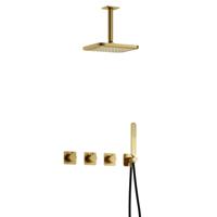 Hotbath Gal - Inbouw Regendoucheset - Geborsteld Messing PVD - 2 Stopkranen - Thermostatisch - Plafondbuis 15 cm - Hoofddouche 220 mm - Staafhanddouche - V02 - thumbnail