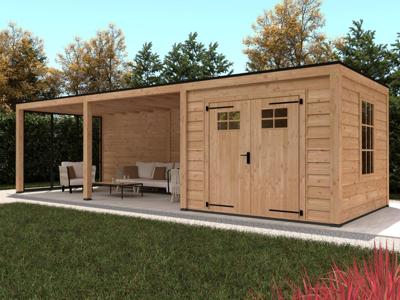 Douglas buitenverblijf platdak Stavanger type XL - 1100x372 cm - samenstelling 4 - onbehandeld- Plat dak- Onbehandeld Douglashout- Tuindeco