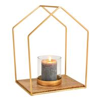 Gouden windlicht in huisvorm van metaal, glas en mangohout (B/H/D) 26x34x20 cm - thumbnail