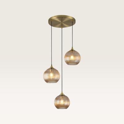 Hanglamp Ovale pendente ambra III - Drie bollen van geribbeld amberkleurig glas met een speels effect - Zonder lichtbron