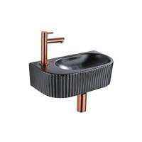 QeramiQ Fuente Fonteinset - 40x21.5x12cm - links - geribbeld - halfrond - 1 kraangat - keramiek - fonteinkraan geborsteld koper - afvoerplug - verlaagd sifon - zwart mat SW1209548/SW799405/SW799403/SW970033 - thumbnail