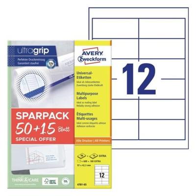 Avery-Zweckform 4781-65 Universele etiketten 97 x 42.3 mm Papier Wit 65 vellen Permanent hechtend Inkjet, Laser (zwart/wit), Laser (kleur), Kopiëren Avery-Zweckform 4781-65 Universele etiketten 97 x 42.3 mm Papier Wit 65 vellen Permanent hechtend Inkjet, Laser (zwart/wit), Laser (kleur), Kopiëren