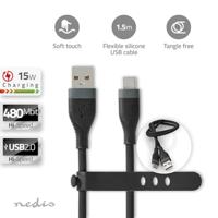 Nedis USB-Kabel | USB 2.0 | USB-A Male | USB-C Male | 15 W | 480 Mbps | Vernikkeld | 1.50 m | Rond | Silicone | Zwart | Doos - CCGB60800BK15 - thumbnail