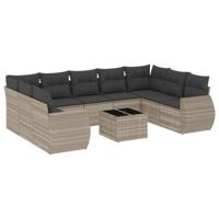 10-delige Loungeset met kussens poly rattan lichtgrijs - thumbnail