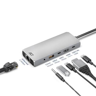 ACT USB-C 4K / 8K 60Hz dockingstation voor 1 HDMI monitor, 2,5 Gigabit ethernet, USB-C 10Gbps, USB-A 10Gbps, 3,5mm audio, PD pass-through