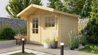 Blokhut Björn 300x260 cm + luifel 80 cm - Groen geïmpregneerd- Zadeldak- Geïmpregneerd vurenhout- Tuindeco