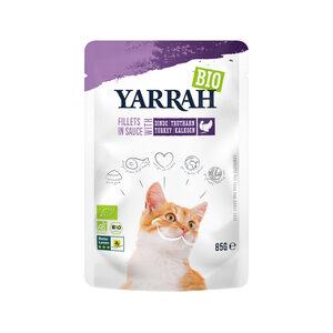 Yarrah Biologisch kattenvoer in saus, 14 x 85 g, gourmet filets in gelei met kalkoen, van 100% biologische teelt, zakje voor vochtige voeding voor alle volwassen kattenrassen