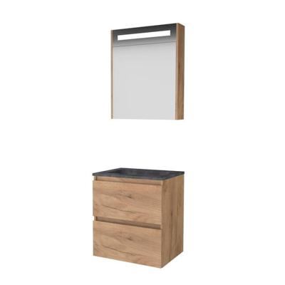 Basic-Line Premium 46 Badkamermeubelset - 60 x 46 cm - Greeploos - 2 Lades - Hardstenen Wastafel - Zonder Kraangat - Spiegelkast met LED Verlichting - Whisky Oak