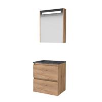 Basic-Line Premium 46 Badkamermeubelset - 60 x 46 cm - Greeploos - 2 Lades - Hardstenen Wastafel - Zonder Kraangat - Spiegelkast met LED Verlichting - Whisky Oak - thumbnail