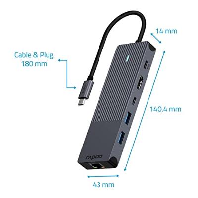 Rapoo USB-C Multiport Adapter, 6-in-1, grijs Desktop accessoire Zwart - thumbnail