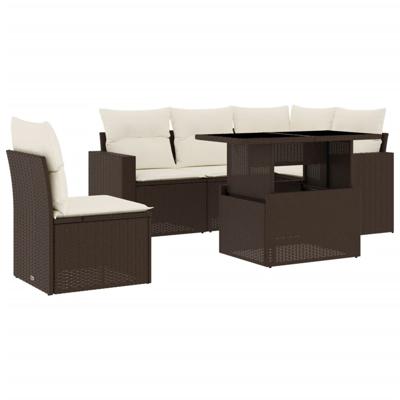 6-delige Loungeset met kussens poly rattan bruin