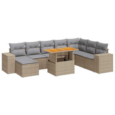 9-delige Loungeset met kussens poly rattan beige