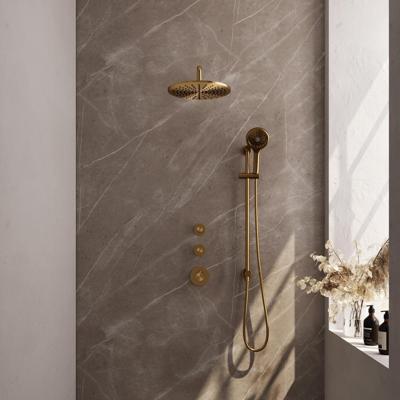 Brauer Gold Carving Thermostatische Regendoucheset Inbouw - Hoofddouche 30 cm - Gebogen Wandarm - Handdouche 3 Standen - Doucheslang - Geintegreerde Glijstang - Geborsteld Goud