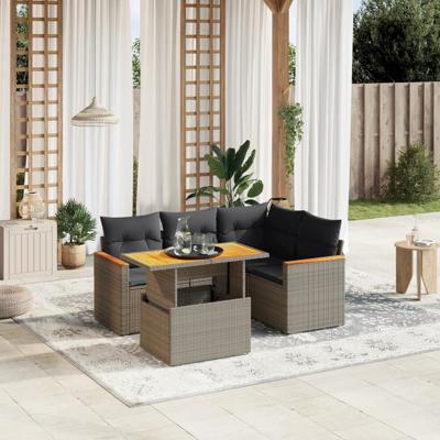 5-delige Loungeset met kussens poly rattan acacia grijs