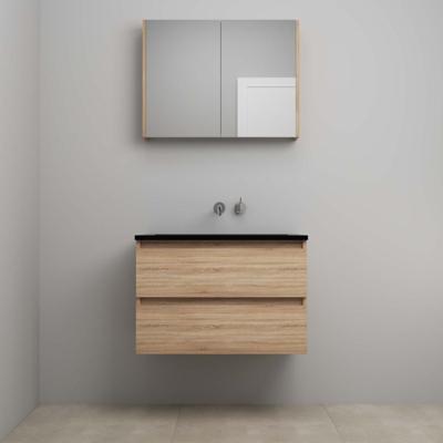 On-Line Badkamermeubelset - 80 cm - Voorgemonteerd - Ladestructuur - Acryl Wastafel - zonder Kraangat - Spiegelkast - Eiken