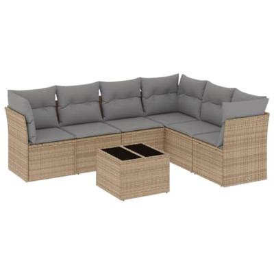 7-delige Loungeset met kussens poly rattan beige - thumbnail