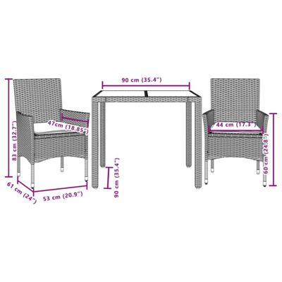3-delige Tuinset met kussens poly rattan en glas grijs - thumbnail