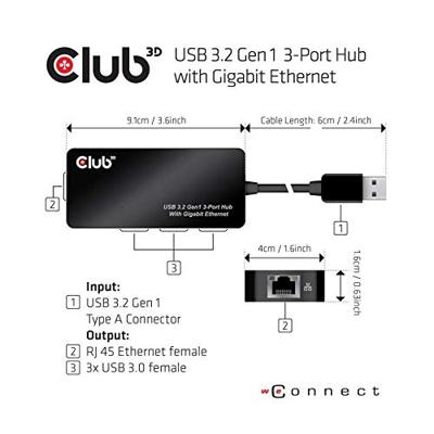 Club 3D CSV-1430 USB 3.0 3-poorts hub met Gigabit Ethernet zwart