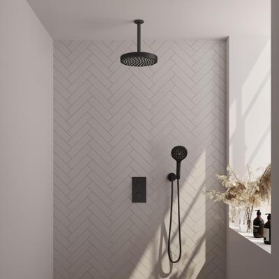 Brauer Stripe thermostatische inbouw regendouche 3-weg rechthoekig SET 18 met 25 cm douchekop en plafondarm en 3-standen handdouche en doucheslang en wandaansluitbocht mat zwart