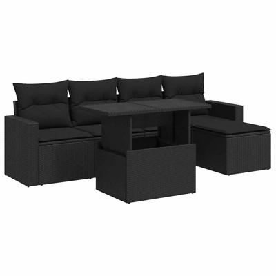 6-delige Loungeset met kussens poly rattan zwart