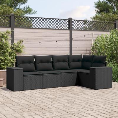 5-delige Loungeset met kussens poly rattan zwart