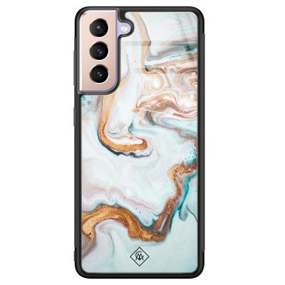 Samsung Galaxy S21 glazen hardcase - Goud blauw marmer Samsung Galaxy S21 glazen hardcase - Goud blauw marmer