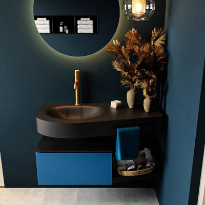 MONDIAZ RIVA 100cm badmeubel onderkast / planchet kleur Jeans met 1 lade. Wastafel DULCET links 1 kraangat kleur Urban.