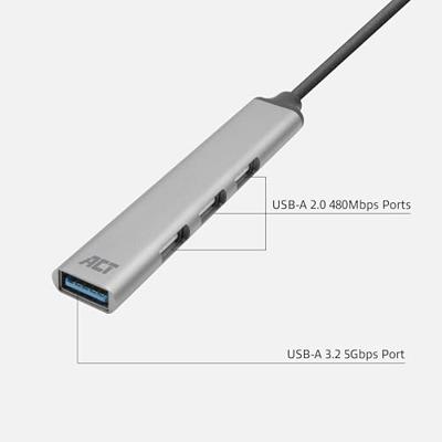 ACT USB-C hub. 3x USB-A 2.0 en 1x USB-A 3.0