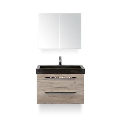 Seville Badmeubelset 80 cm - Craft Oak - Wastafel Hardsteen Wit Lucca - met Spiegelkast