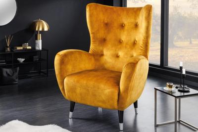 Retro Design Fauteuil DON Mosterdgeel Fluweel Lente Zilveren Neus - 45971