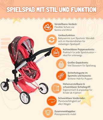 Combi-poppenwagen Linus Plus - Melange Grijs Roze - thumbnail
