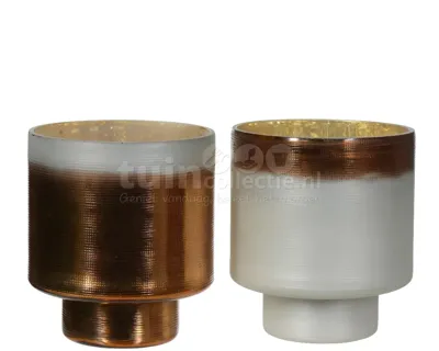Waxinelichthouder Glas Koper/Wit 14cm Assorti 1st