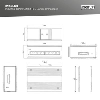 Digitus DN-651121 Industrial Ethernet Switch 10 / 100 / 1000 MBit/s IEEE 802.3af (12.95 W), IEEE 802.3at (25.5 W)