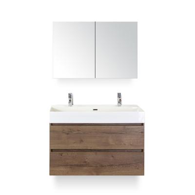 Maxx XL Badmeubelset 100 cm - Tabacco - Wastafel Kube 2 kraangaten - met Spiegelkast