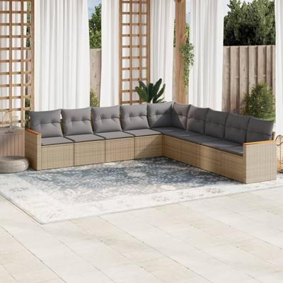 10-delige Loungeset met kussens poly rattan beige