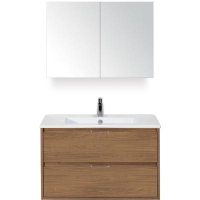 Porto Badmeubelset 90 cm - Honey - Keramische Wastafel Wit Slim met Spiegelkast