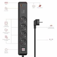 Hama Stekkerdoos 4-voudig USB-C/A 65W PD Schakelaar 1,4 M Zwart/grijs - thumbnail