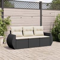 3-delige Loungeset met kussens poly rattan zwart - thumbnail