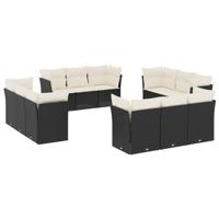 12-delige Loungeset met kussens poly rattan zwart - thumbnail