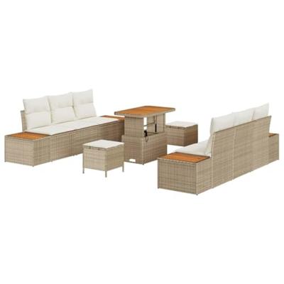 9-delige tuinset met kussens in beige poly rattan en acacia