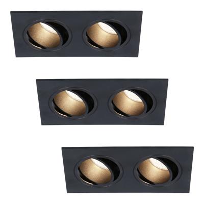 Set van 3 Mallorca LED inbouwspot - IP20 - Kantelbaar - 8 Watt 690 Lumen - 4000K Neutraal wit - Dubbel - GU10 - Dimbaar - Rechthoek - Voor binnen - Zwart
