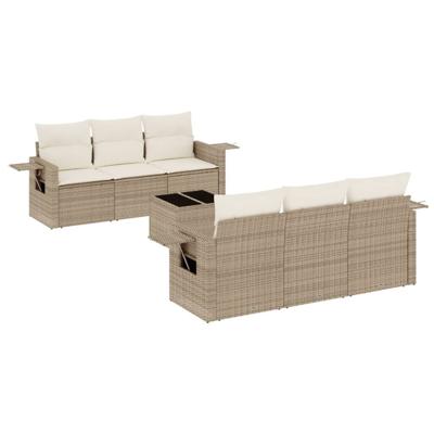 7-delige Loungeset met kussens poly rattan beige - thumbnail