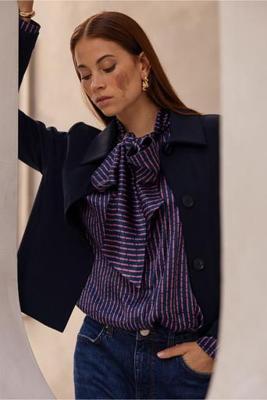 Studio Anneloes Lorina Satin Bow Blouse 13392 Blouse 6945 Dark Blue/ Vintage Berry