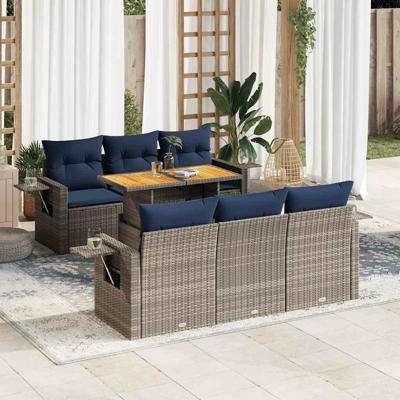 7-delige Loungeset met kussens poly rattan grijs