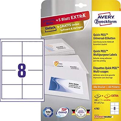 Avery-Zweckform 4782 Universele etiketten 97 x 67.7 mm Papier Wit 240 stuk(s) Permanent hechtend Inkjet, Laser (zwart/wit), Laser (kleur), Kopiëren
