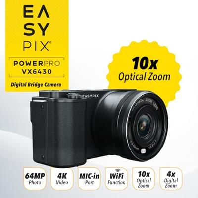 Easypix PowerPro VX6430, compacte systeemcamera met wifi, 10x optische zoom, resolutie tot 64 MP, 2,8 inch display, microfoonaansluiting